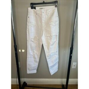 These are American Bazi high-rise mom jeans in white, with a distressed design.